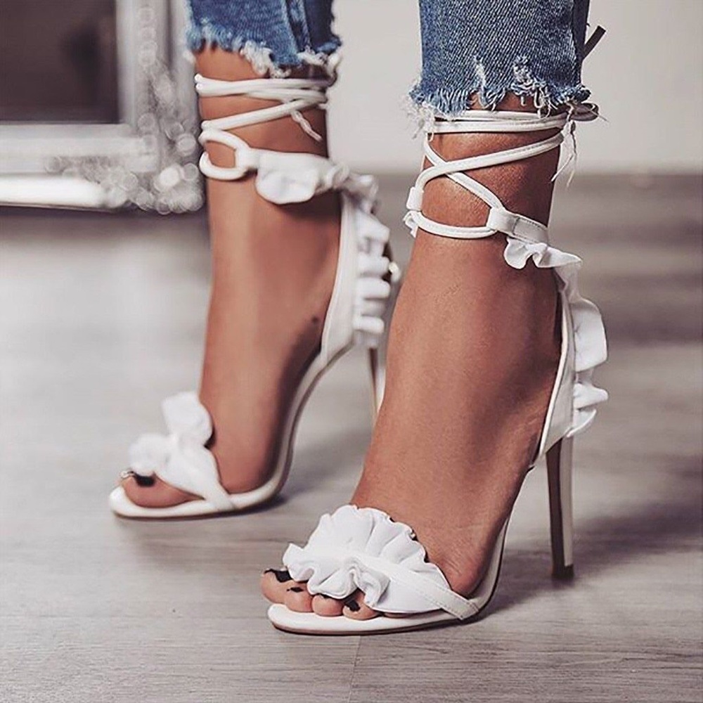 White Ruffle Lace Up High Heels - Picture 8 of 8